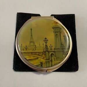Vintage Paris Eiffel Tower Metal Gold Tone Compact Mirror with Sleeve Case